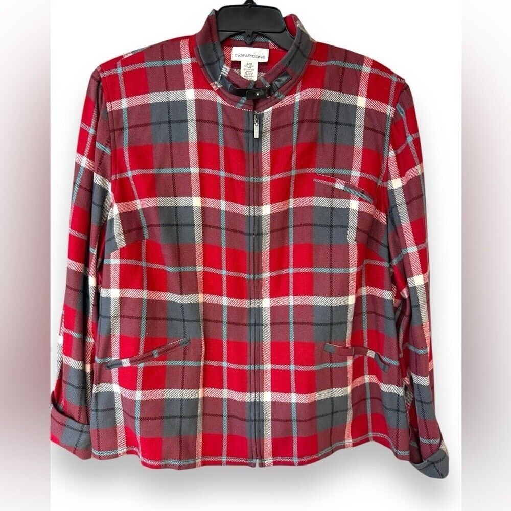 Vtg Evan-Picone Red Tartan Plaid Wool‎ Zip Up Jacket Dress Union USA Size 22